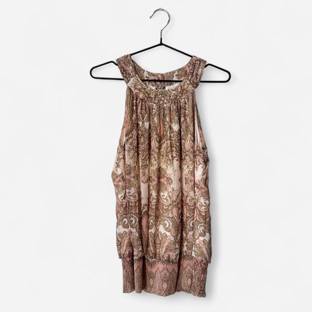 Cache Y2K cache Brown pink paisley print gold beaded top Whimsy Fairy Dainty